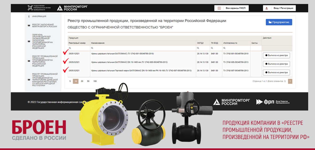 Продукция БРОЕН в «Реестре промышленной продукции, произведенной на территории РФ» 